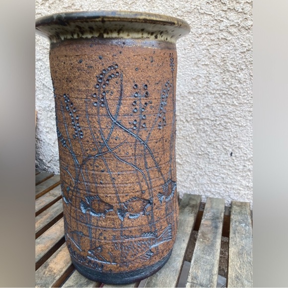 Vintage Studio Pottery Vase – Signed “Chauvín” – Hand-Carved Fish Motif, MCM